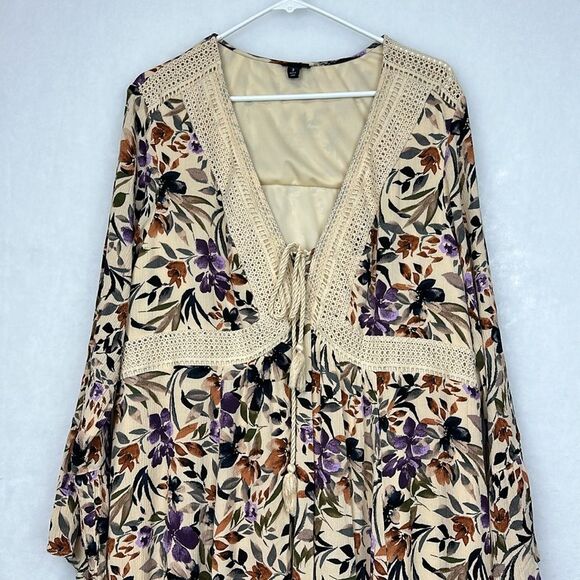 Torrid Mini Gauze Lace-Up Skater Dress Pluss Sz 3 plus Tassless Long Bell Sleeve - Picture 7 of 14